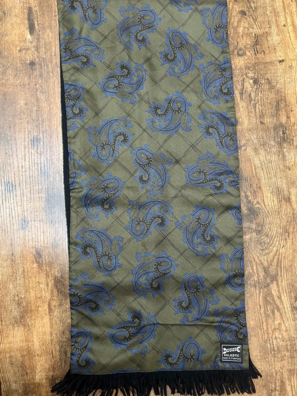 Duggie Majestic Vintage Olive/Blue Paisley Silk/Wool w/ Fringe Opera Scarf